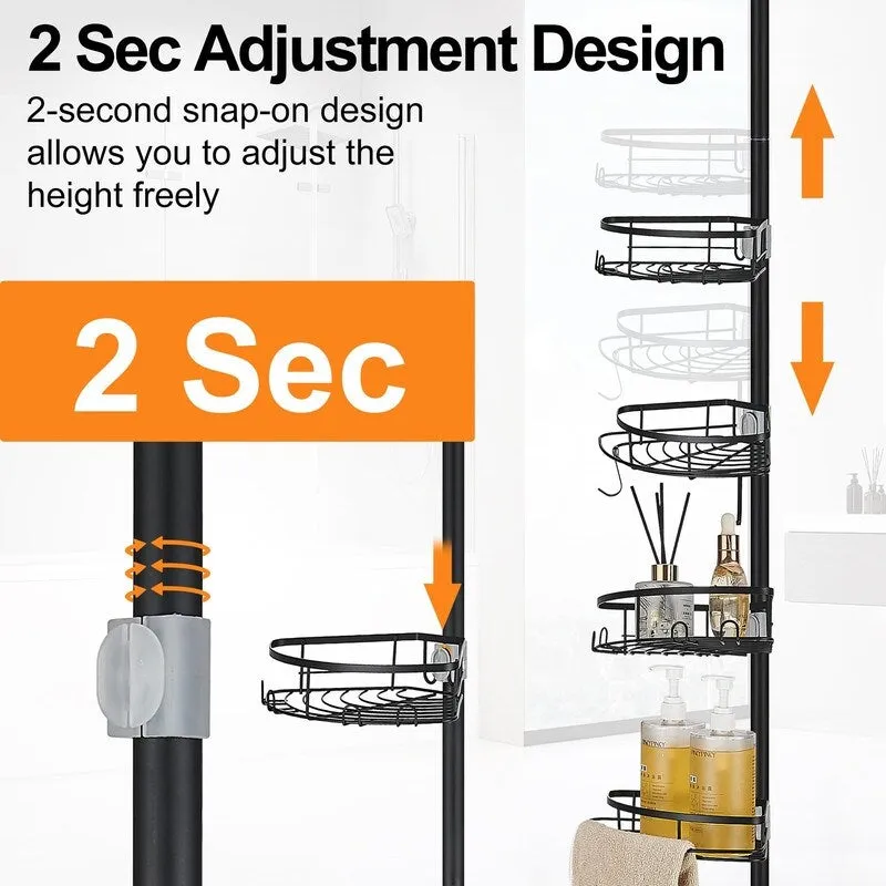 Corner Shower Caddy Tension Pole, Tension Rod Organizer, 4-Tier Adjustable Floor to Ceiling Shower Caddy 33-127inch