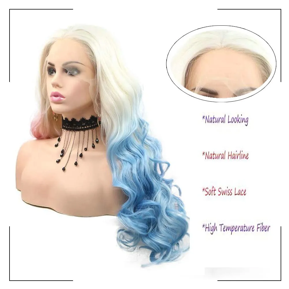 Cosplay Wigs for Women Long Body Wavy Half Blue Pink Synthetic Lace Front Wig Heat Resistant Fiber Glueless Wigs Drag Queen 24''