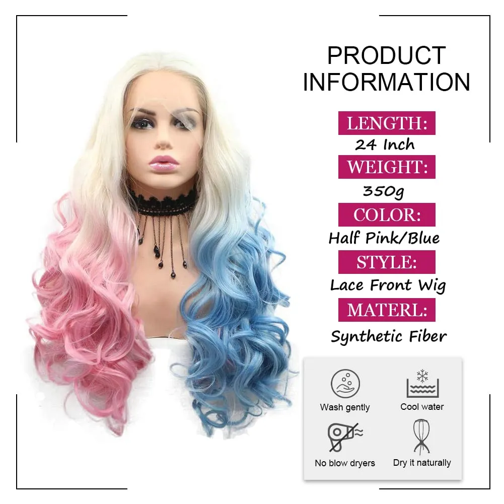 Cosplay Wigs for Women Long Body Wavy Half Blue Pink Synthetic Lace Front Wig Heat Resistant Fiber Glueless Wigs Drag Queen 24''