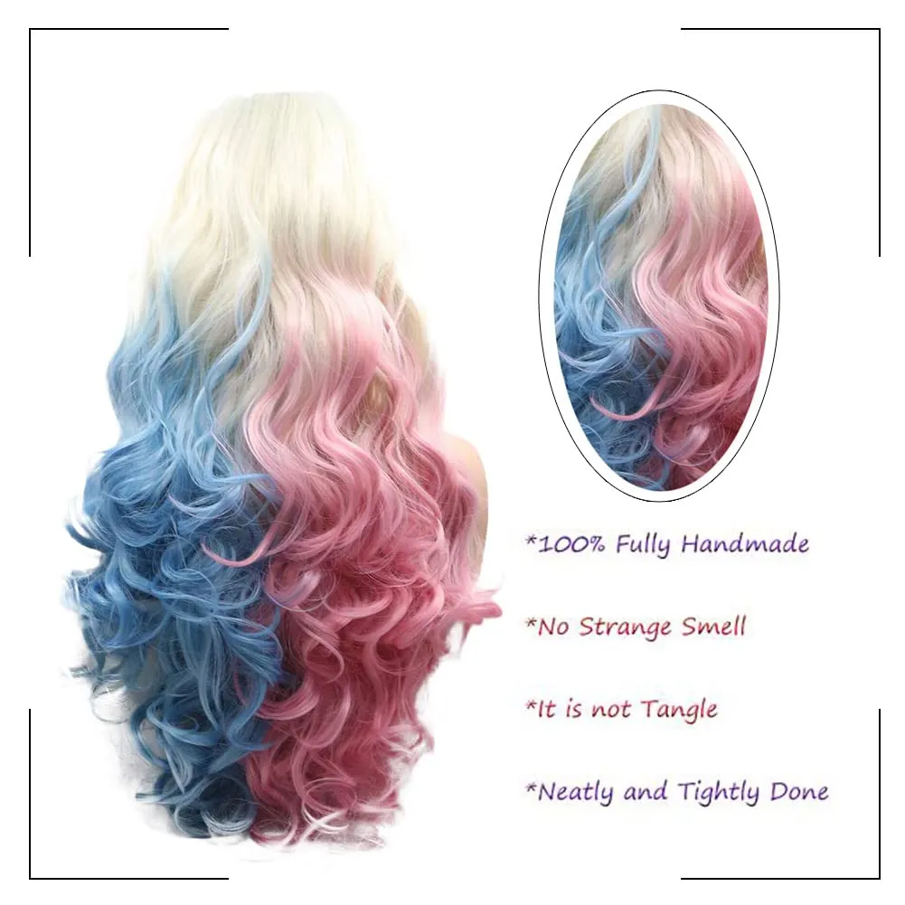 Cosplay Wigs for Women Long Body Wavy Half Blue Pink Synthetic Lace Front Wig Heat Resistant Fiber Glueless Wigs Drag Queen 24''