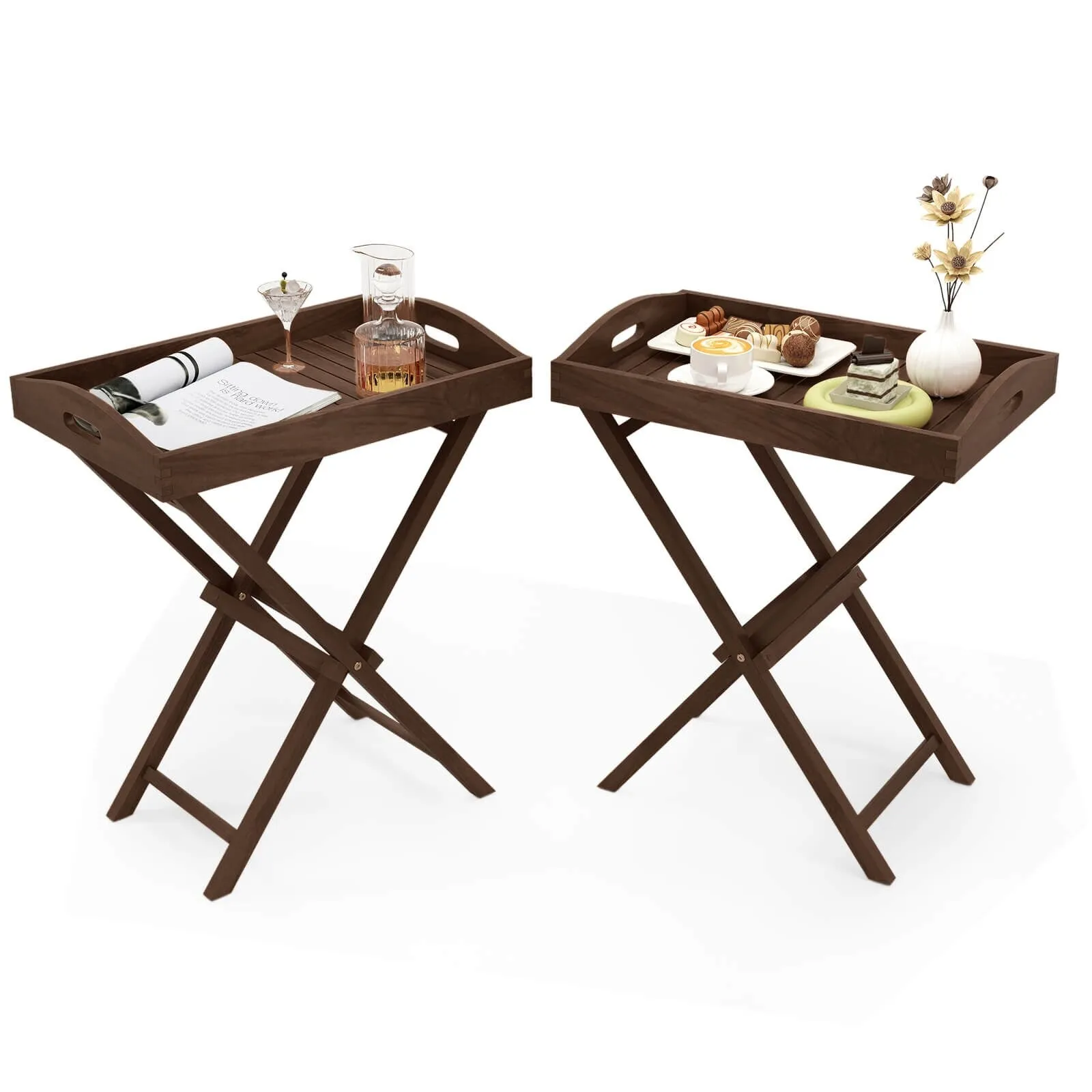 Costway 1/2 PCS Solid Teak Wood Tray Table 28" High Folding Table with