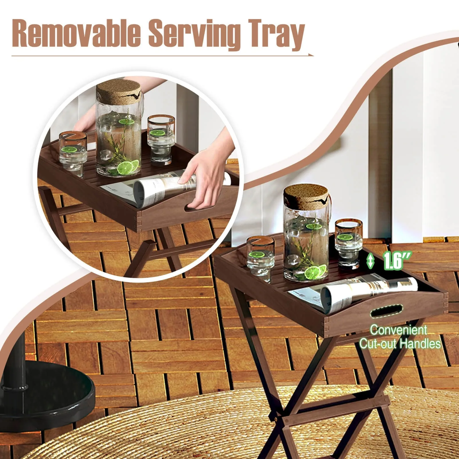 Costway 1/2 PCS Solid Teak Wood Tray Table 28" High Folding Table with