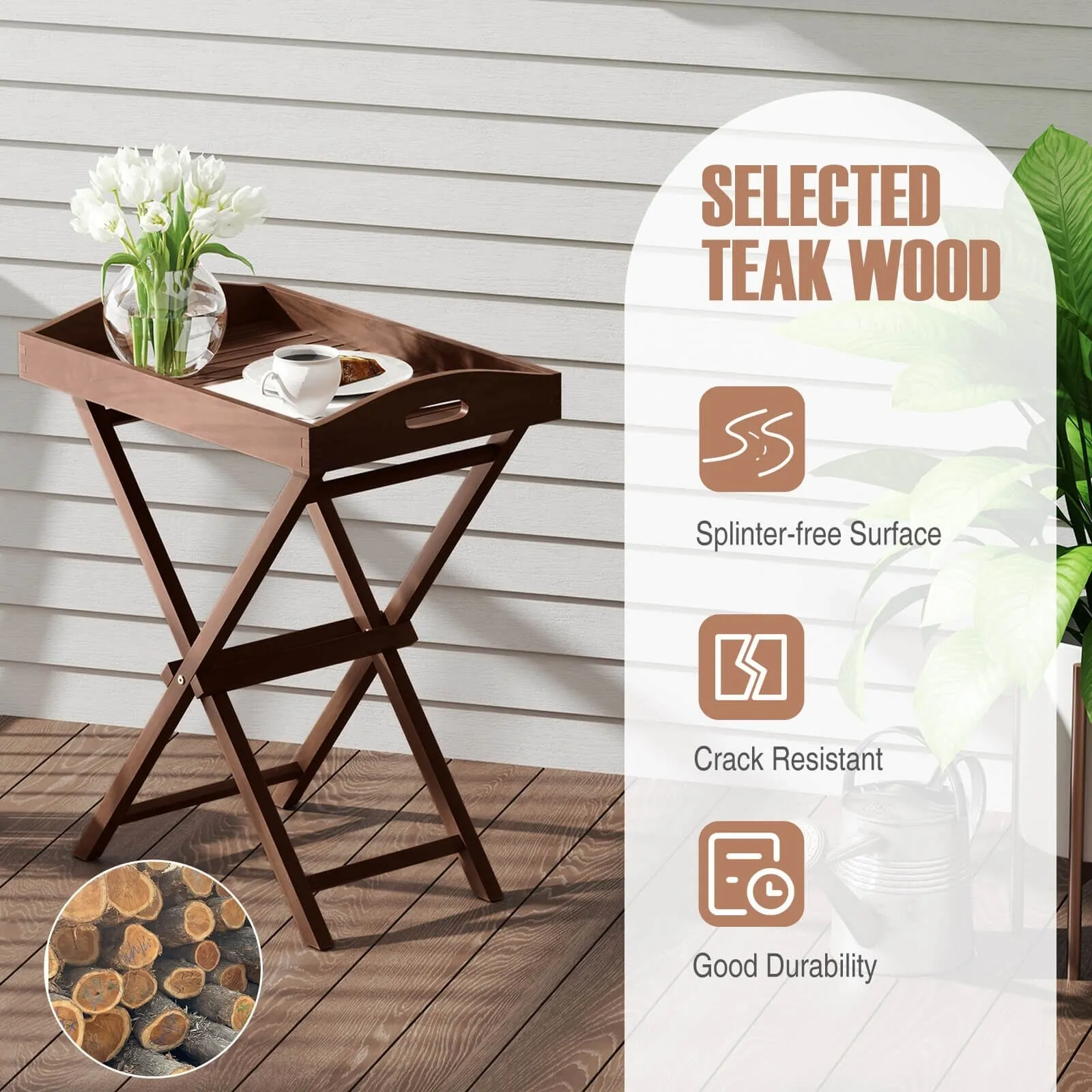 Costway 1/2 PCS Solid Teak Wood Tray Table 28" High Folding Table with