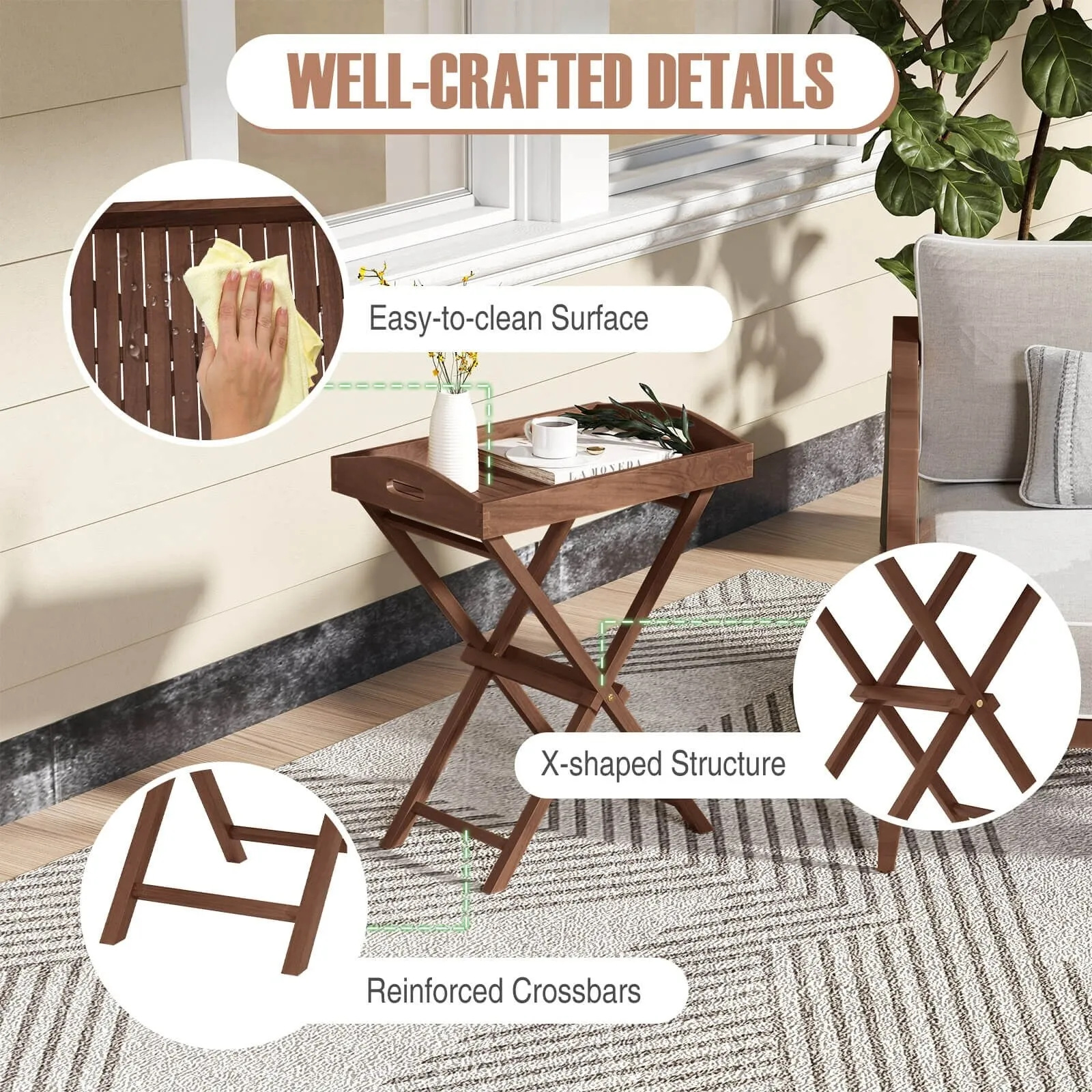 Costway 1/2 PCS Solid Teak Wood Tray Table 28" High Folding Table with