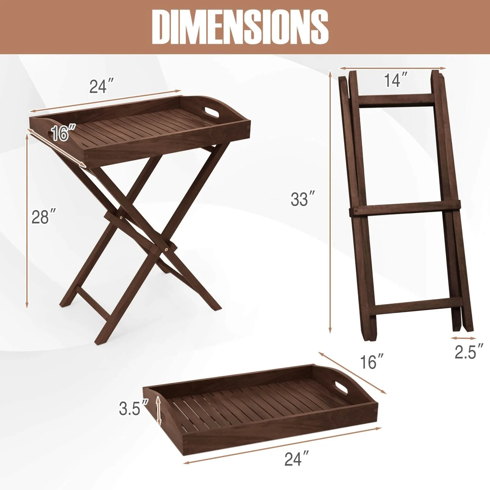 Costway 1/2 PCS Solid Teak Wood Tray Table 28" High Folding Table with