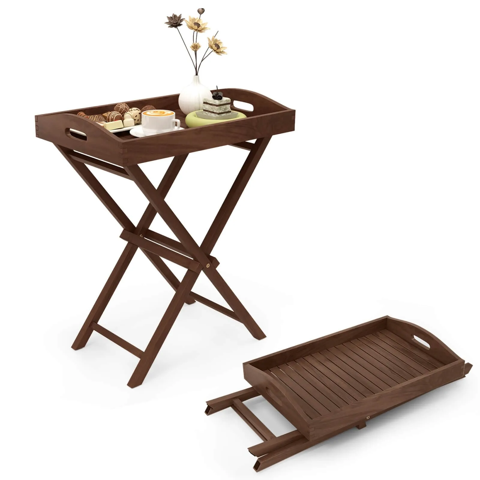 Costway 1/2 PCS Solid Teak Wood Tray Table 28" High Folding Table with