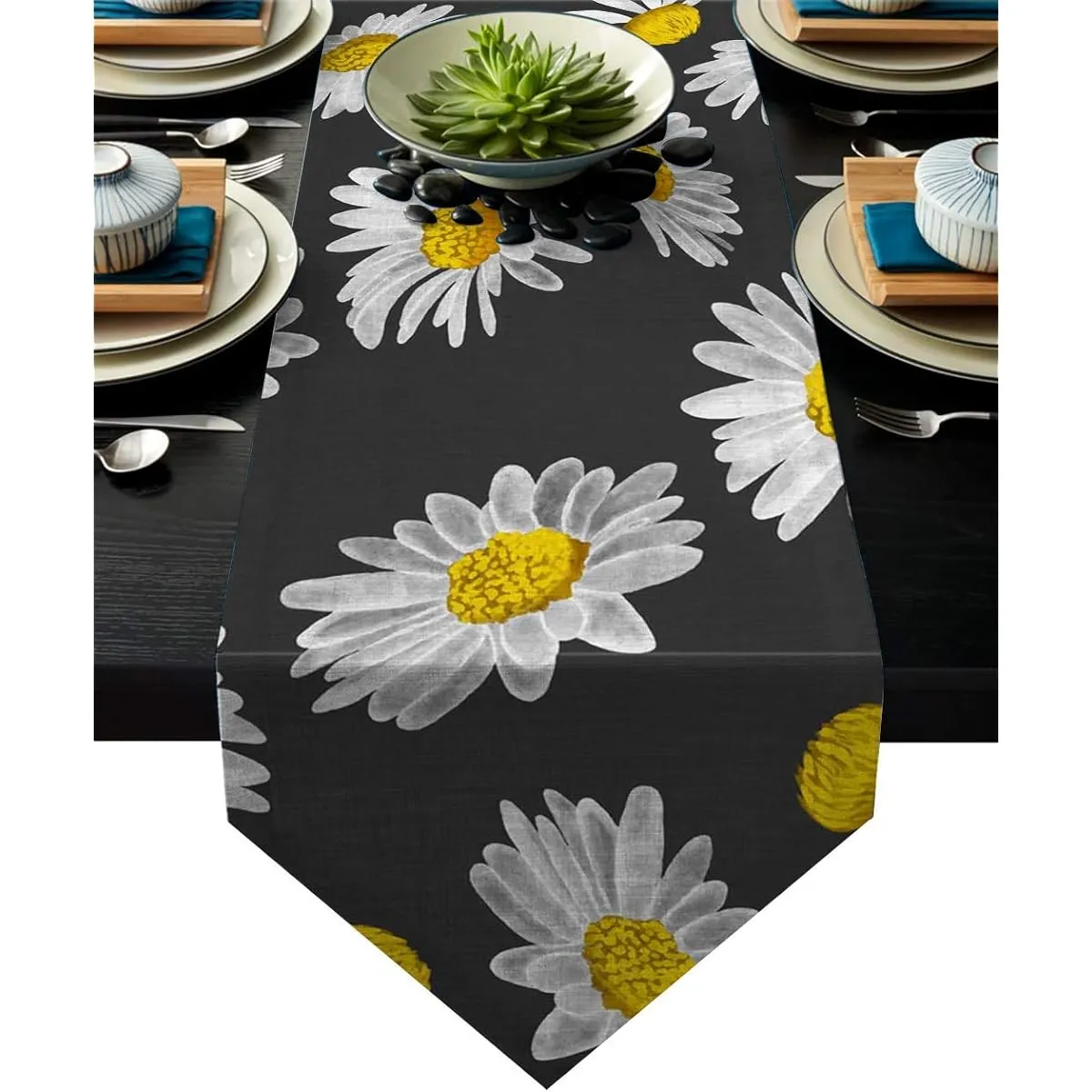 Cotton Linen Table Runner Daisy Flower 13x120inch Burlap Table Runner for Dining Table Farmhouse Party Wedding Outdoor Picnic Kitchen Decor