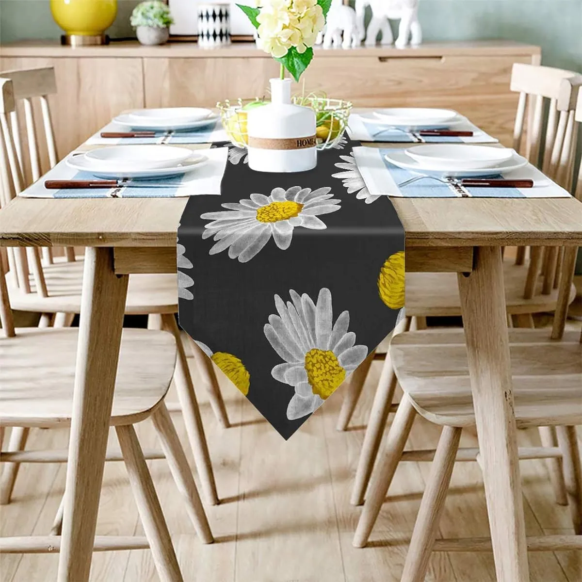 Cotton Linen Table Runner Daisy Flower 13x120inch Burlap Table Runner for Dining Table Farmhouse Party Wedding Outdoor Picnic Kitchen Decor