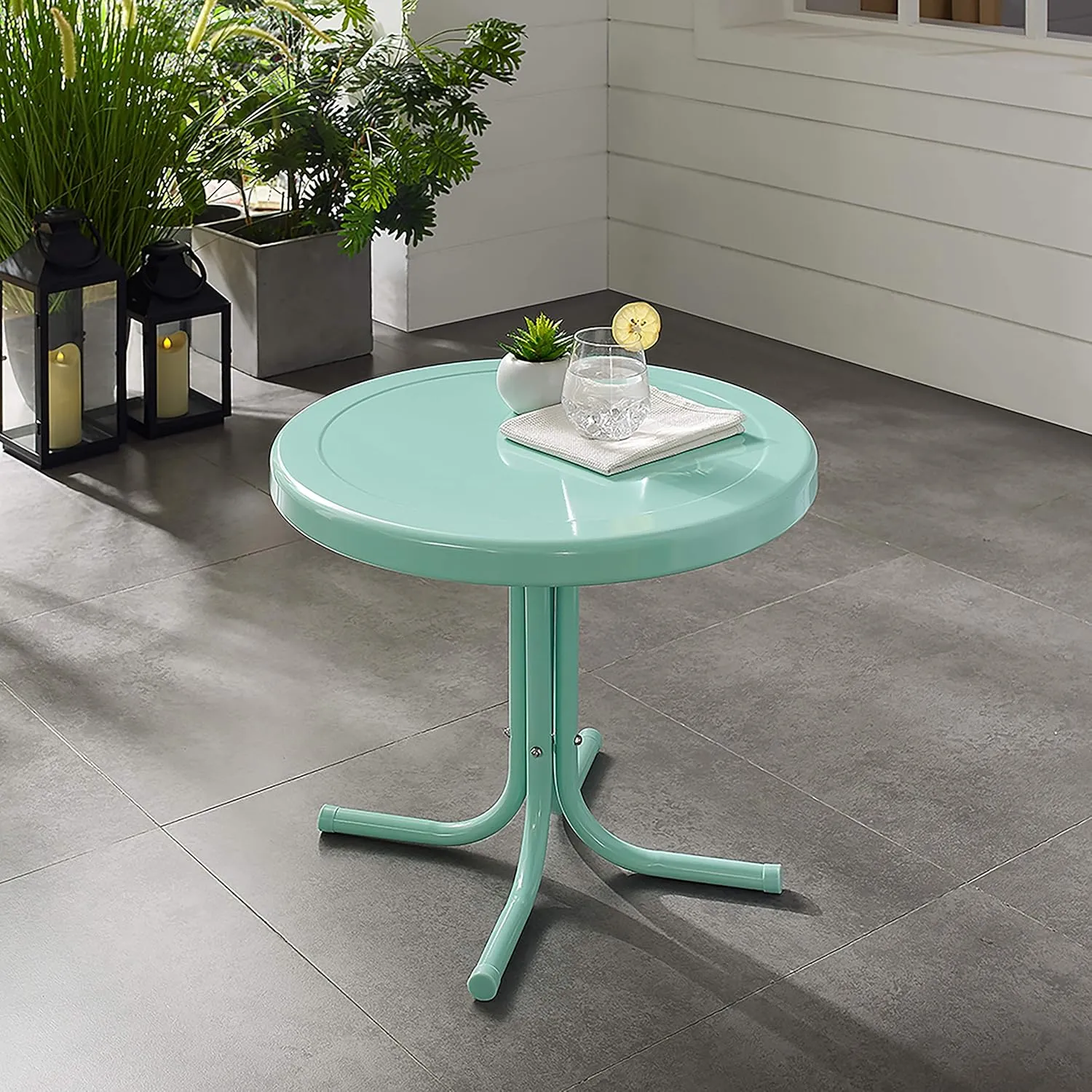 Crosley Furniture Griffith Weather Resistant Retro Metal Outdoor Side Table for Patio, Deck, Porch, Aqua