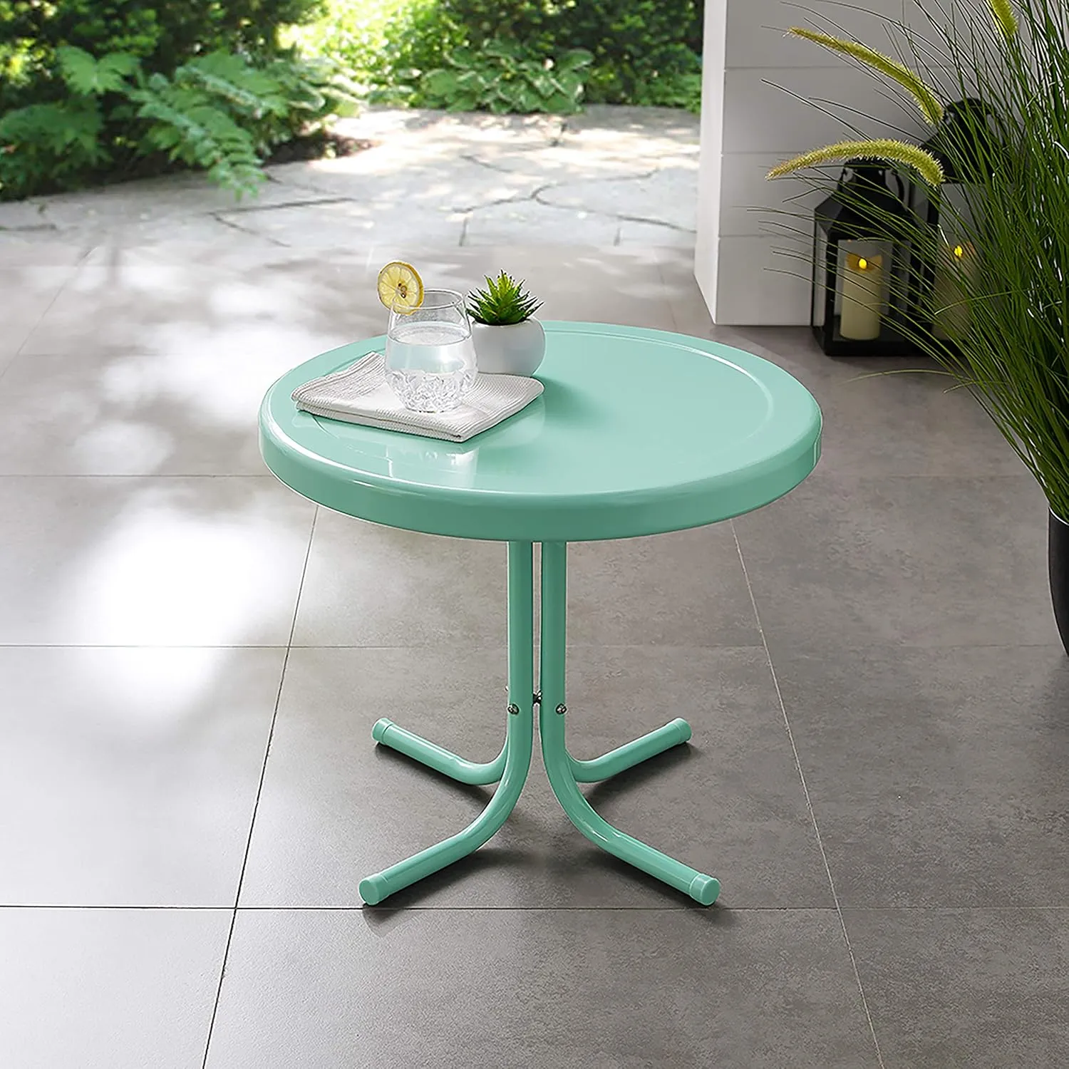 Crosley Furniture Griffith Weather Resistant Retro Metal Outdoor Side Table for Patio, Deck, Porch, Aqua