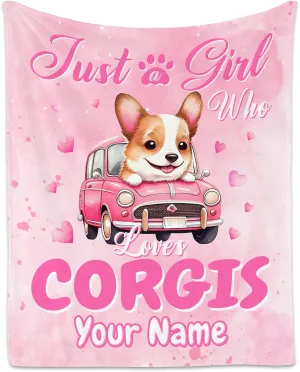 Custom Corgi Gifts for Corgi Lovers, Dog Blanket Gift for Girl, Personalized Kids Throw Blankets for Girls Animal Print Room Decor, 50"x60" Pink Soft Cozy Flannel Throws for Couch Sofa Bed