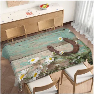 Daisy Dinner Table Cloths Rustic Wooden Horseshoe Daisy Decorative Tablecloth for Rectangle Tables 52"X70", Heavy Duty Table Covers Tablecloths for Kitchen Patio Banquet