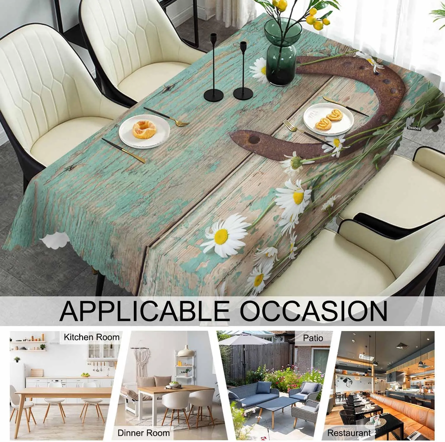 Daisy Dinner Table Cloths Rustic Wooden Horseshoe Daisy Decorative Tablecloth for Rectangle Tables 52"X70", Heavy Duty Table Covers Tablecloths for Kitchen Patio Banquet
