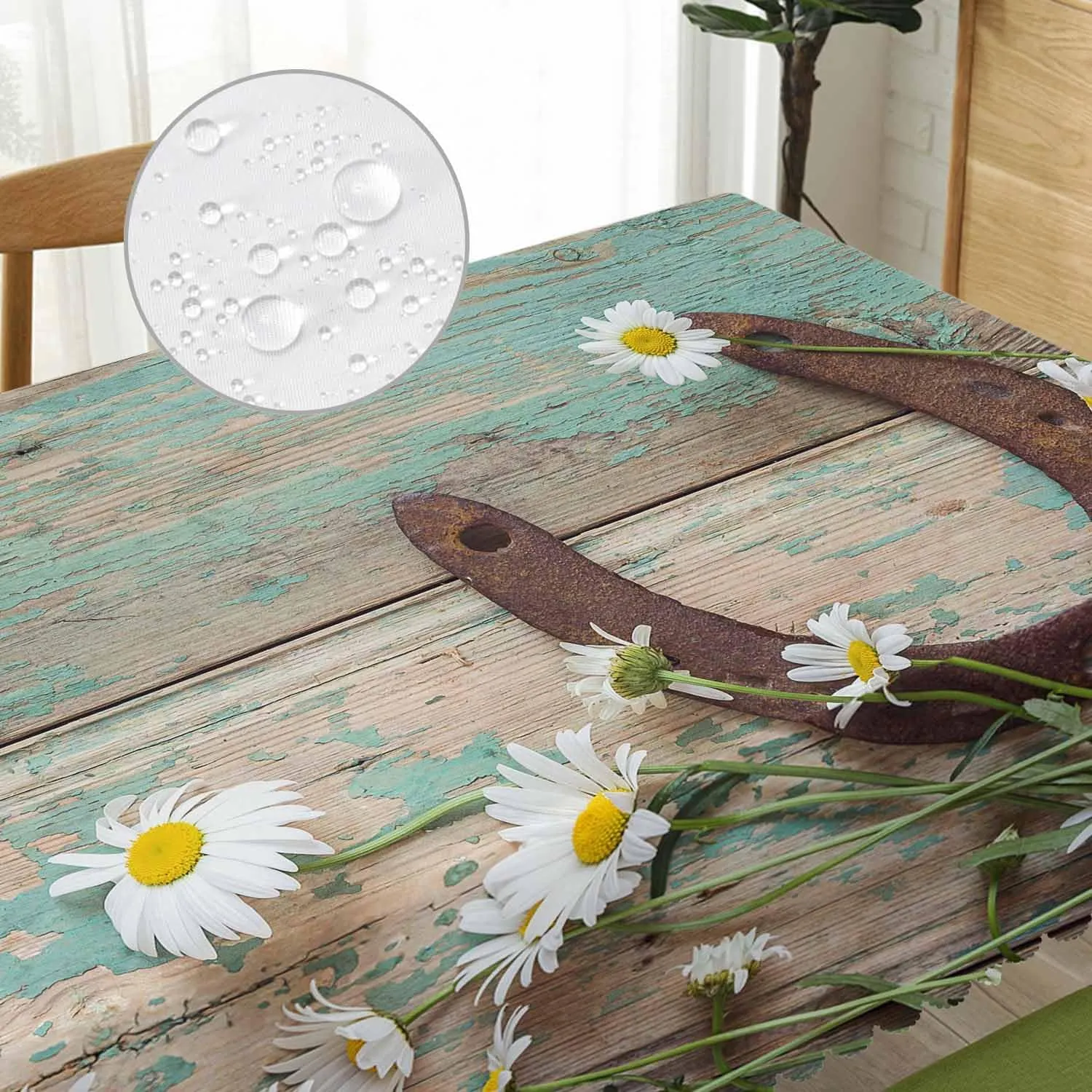 Daisy Dinner Table Cloths Rustic Wooden Horseshoe Daisy Decorative Tablecloth for Rectangle Tables 52"X70", Heavy Duty Table Covers Tablecloths for Kitchen Patio Banquet