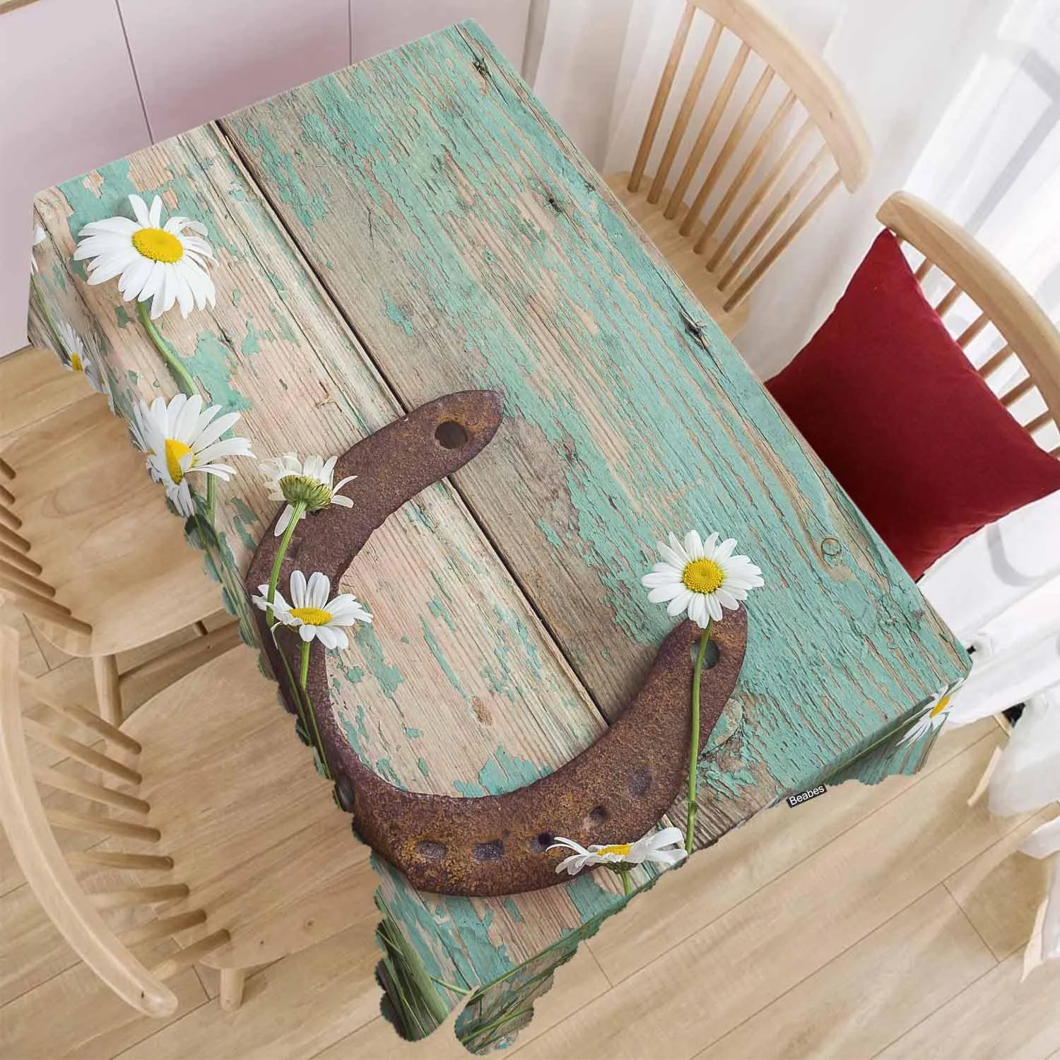 Daisy Dinner Table Cloths Rustic Wooden Horseshoe Daisy Decorative Tablecloth for Rectangle Tables 52"X70", Heavy Duty Table Covers Tablecloths for Kitchen Patio Banquet
