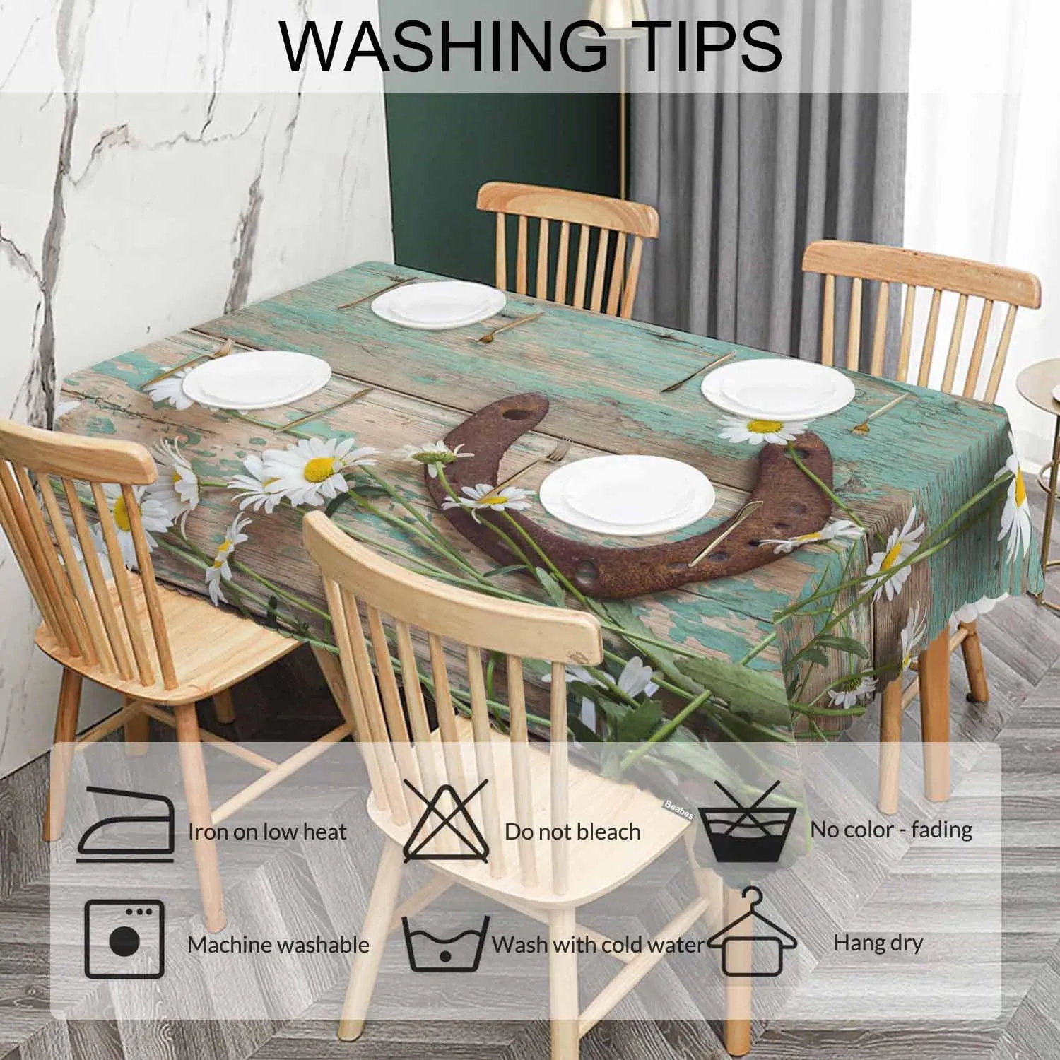 Daisy Dinner Table Cloths Rustic Wooden Horseshoe Daisy Decorative Tablecloth for Rectangle Tables 52"X70", Heavy Duty Table Covers Tablecloths for Kitchen Patio Banquet