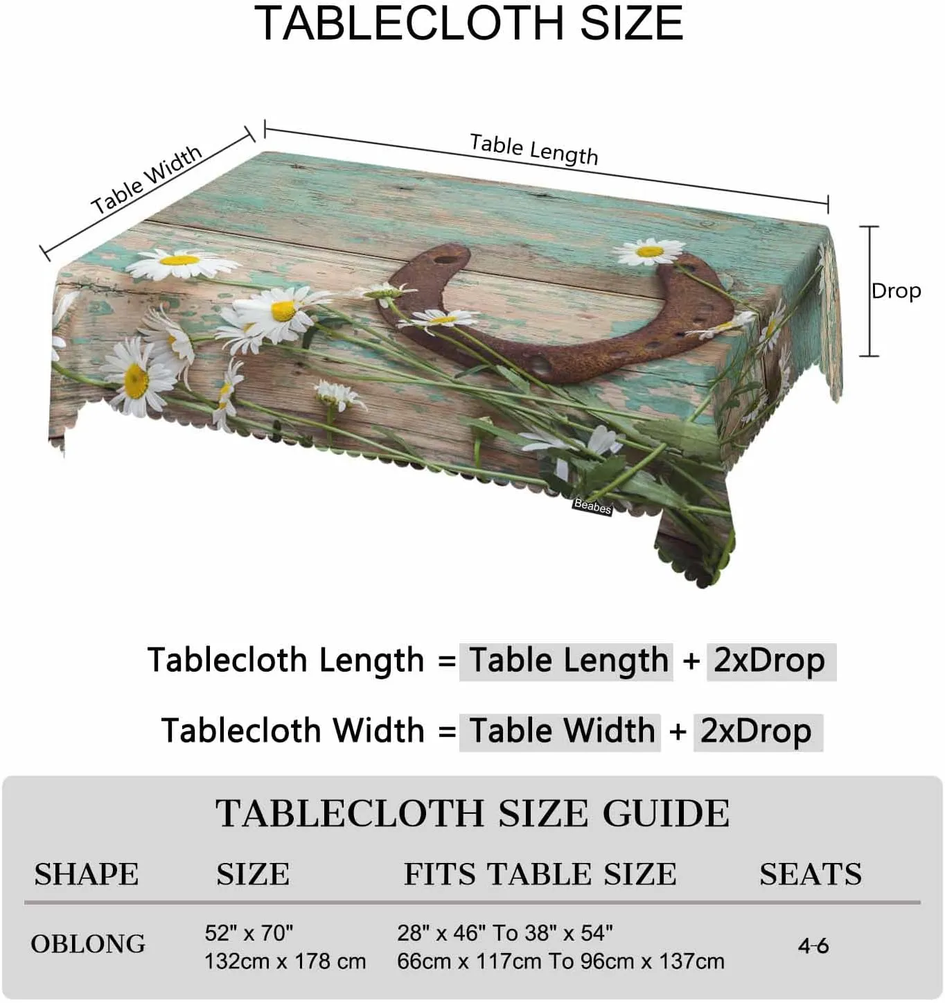 Daisy Dinner Table Cloths Rustic Wooden Horseshoe Daisy Decorative Tablecloth for Rectangle Tables 52"X70", Heavy Duty Table Covers Tablecloths for Kitchen Patio Banquet