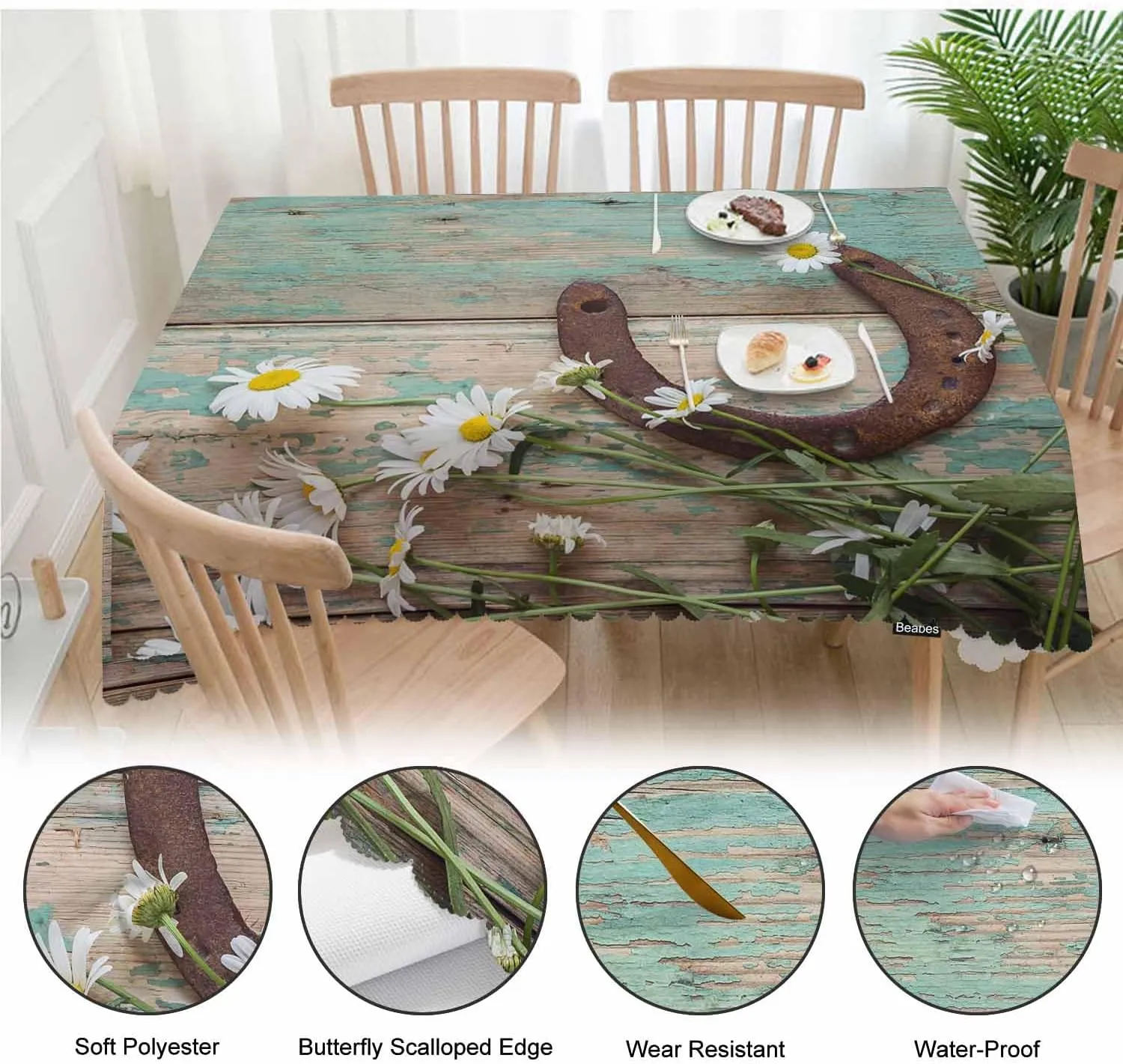 Daisy Dinner Table Cloths Rustic Wooden Horseshoe Daisy Decorative Tablecloth for Rectangle Tables 52"X70", Heavy Duty Table Covers Tablecloths for Kitchen Patio Banquet