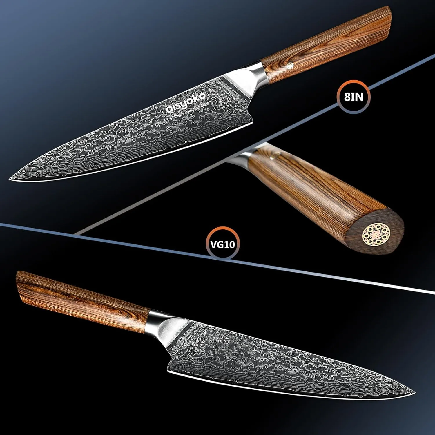 Damascus chef knife 8-inch sharp kitchen knife Japan VG-10 stainless steel ergonomic color wooden handle luxury gift box - with scabbard