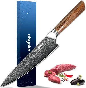 Damascus chef knife 8-inch sharp kitchen knife Japan VG-10 stainless steel ergonomic color wooden handle luxury gift box - with scabbard