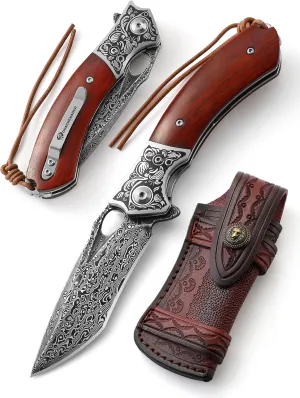 Damascus Pocket Knife for Men, AUGENWEIDE Damascus Steel Pocket Knife with Clip and Sheath, Handmade Real Damascus Steel Folding Knife, Gifts for Father's Day, Valentine's Day A-(KNIFE WITH A LEATHER SHEATH)