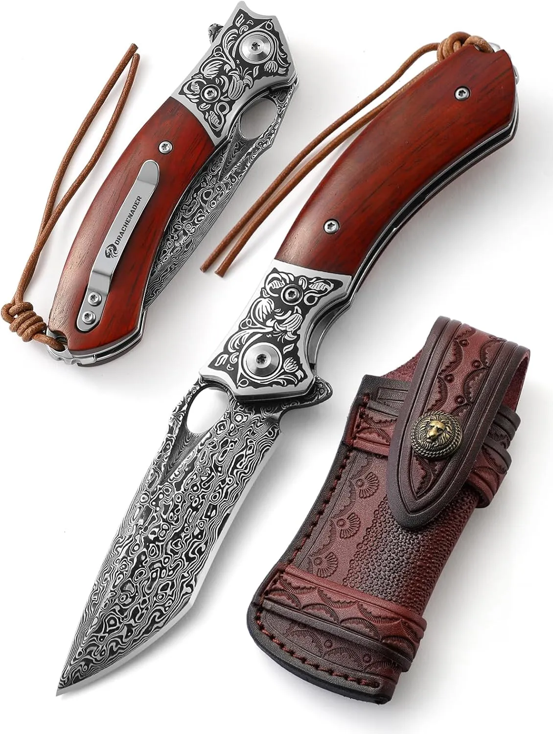 Damascus Pocket Knife for Men, AUGENWEIDE Damascus Steel Pocket Knife with Clip and Sheath, Handmade Real Damascus Steel Folding Knife, Gifts for Father's Day, Valentine's Day A-(KNIFE WITH A LEATHER SHEATH)