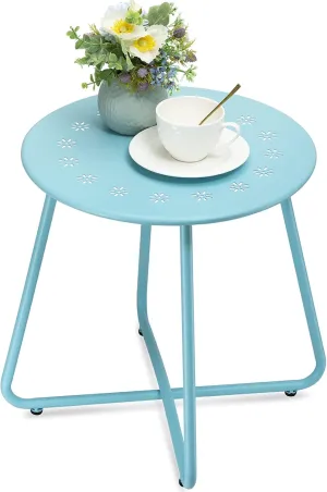 danpinera Outdoor Side Tables with Flower Cut Outs, Weather Resistant Steel Patio Side Table, Small Round Outdoor End Table Metal Side Table for Patio Yard Balcony Garden Blue