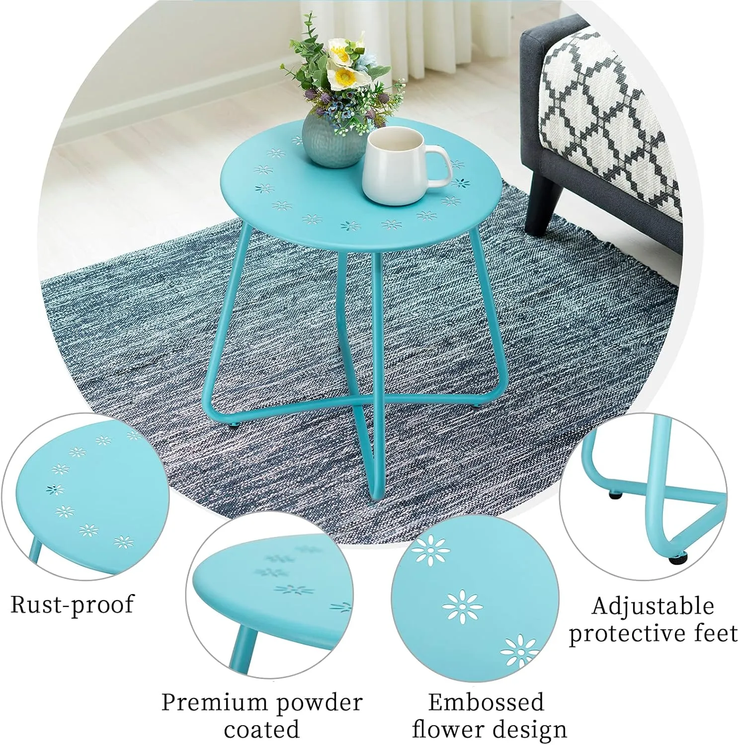 danpinera Outdoor Side Tables with Flower Cut Outs, Weather Resistant Steel Patio Side Table, Small Round Outdoor End Table Metal Side Table for Patio Yard Balcony Garden Blue