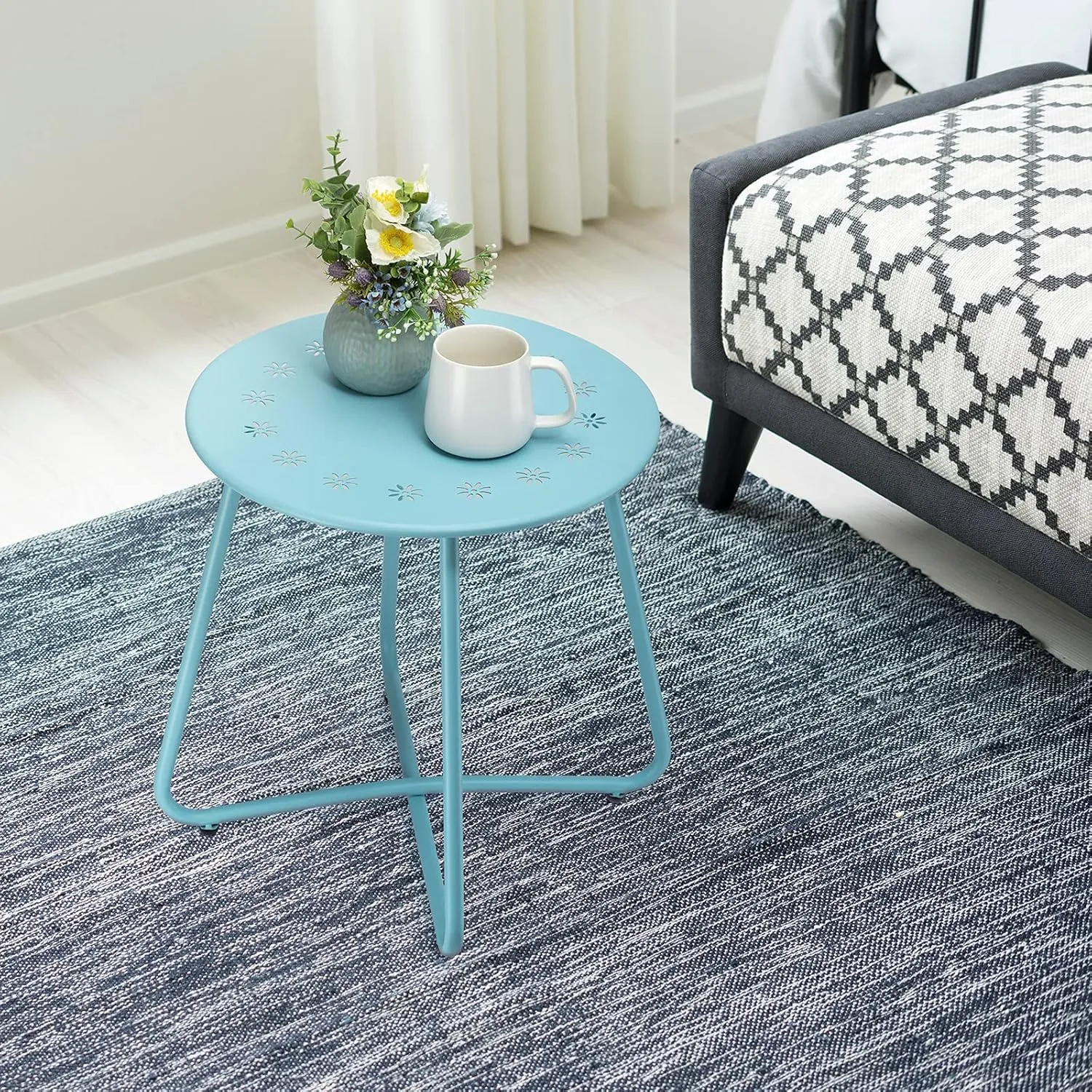 danpinera Outdoor Side Tables with Flower Cut Outs, Weather Resistant Steel Patio Side Table, Small Round Outdoor End Table Metal Side Table for Patio Yard Balcony Garden Blue