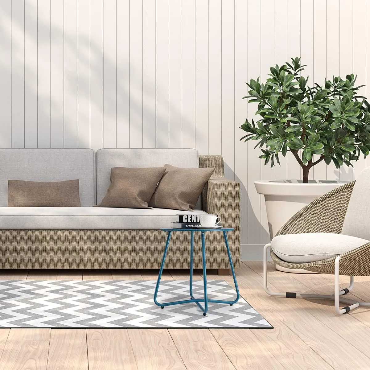 danpinera Outdoor Side Tables with Flower Cut Outs, Weather Resistant Steel Patio Side Table, Small Round Outdoor End Table Metal Side Table for Patio Yard Balcony Garden Navy Blue