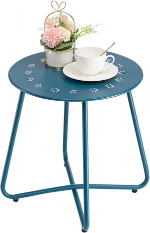 danpinera Outdoor Side Tables with Flower Cut Outs, Weather Resistant Steel Patio Side Table, Small Round Outdoor End Table Metal Side Table for Patio Yard Balcony Garden Navy Blue