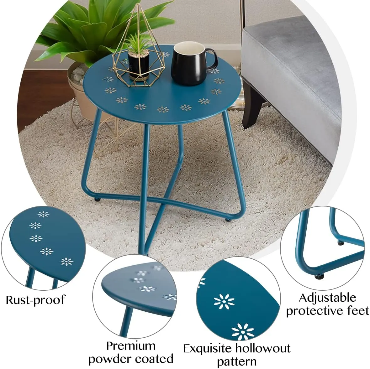 danpinera Outdoor Side Tables with Flower Cut Outs, Weather Resistant Steel Patio Side Table, Small Round Outdoor End Table Metal Side Table for Patio Yard Balcony Garden Navy Blue