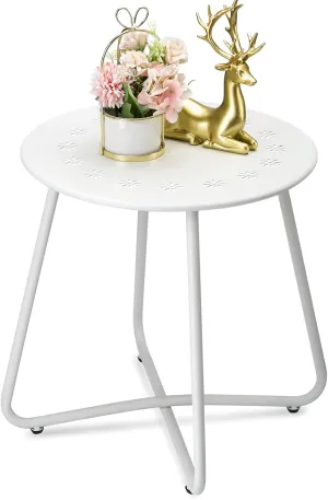 danpinera Outdoor Side Tables with Flower Cut Outs, Weather Resistant Steel Patio Side Table, Small Round Outdoor End Table Metal Side Table for Patio Yard Balcony Garden White
