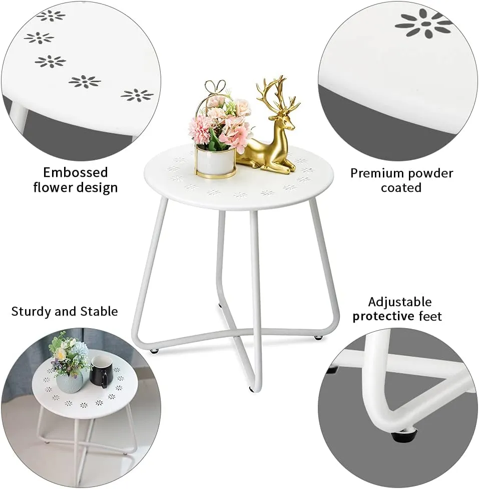danpinera Outdoor Side Tables with Flower Cut Outs, Weather Resistant Steel Patio Side Table, Small Round Outdoor End Table Metal Side Table for Patio Yard Balcony Garden White