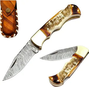 Delta : Handmade Damascus steel Pocket knife-Damascus pocket knife for men - Good for camping, survivals indoors & outdoors-6.5" Natural Bone Handle(Skull Enraved) (white)