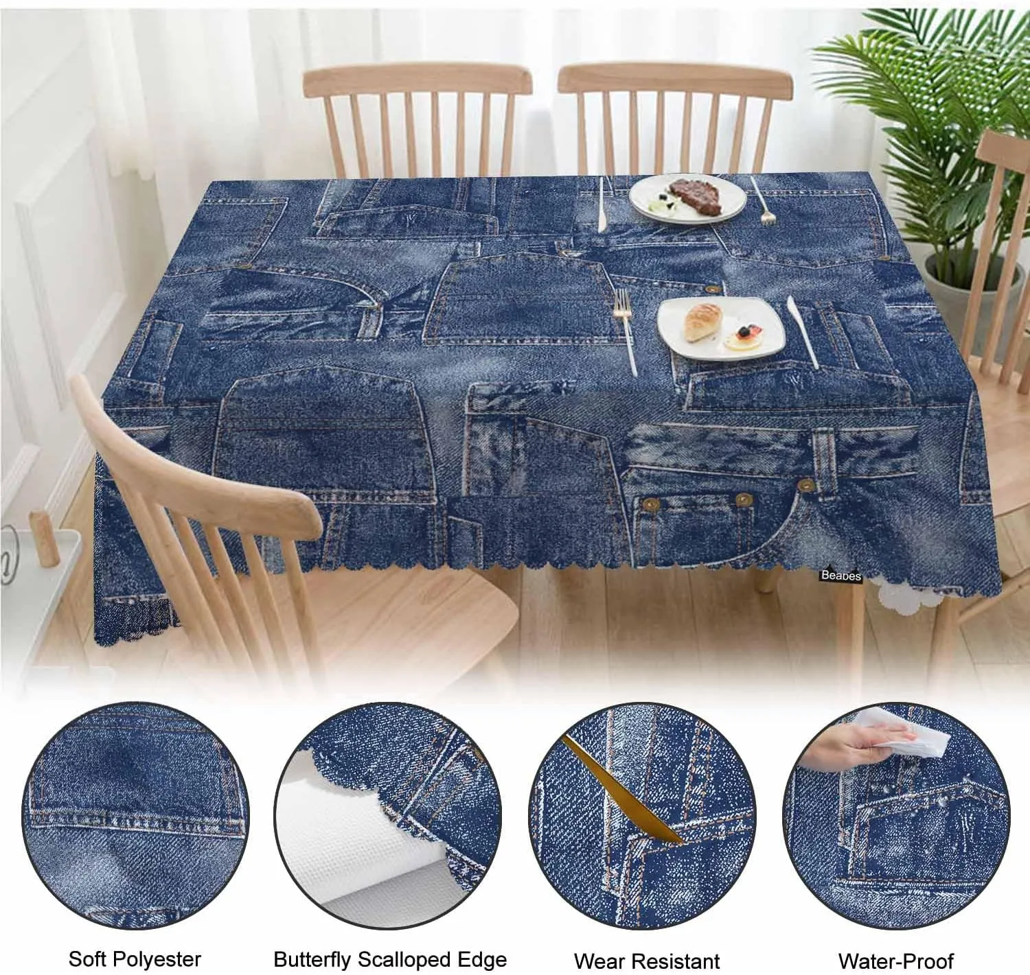 Denim Patchwork Dinner Tablecloth Table Cover, Denim Jeans Patchwork Blue 52x70 Inch Table Cloth Dust-Proof Table Cover Protector for Home Restaurant Picnic Camping BBQ