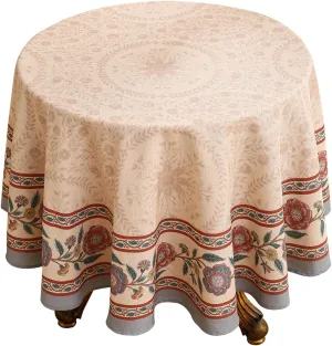 Designer Floral Linen Round Tablecloth,Vintage Indian Table Cloth,Wrinkle Resistant Tablecloths,Decor Table Cover for Kitchen,Dining,Tea Party,Home,Christmas,Diameter 67"