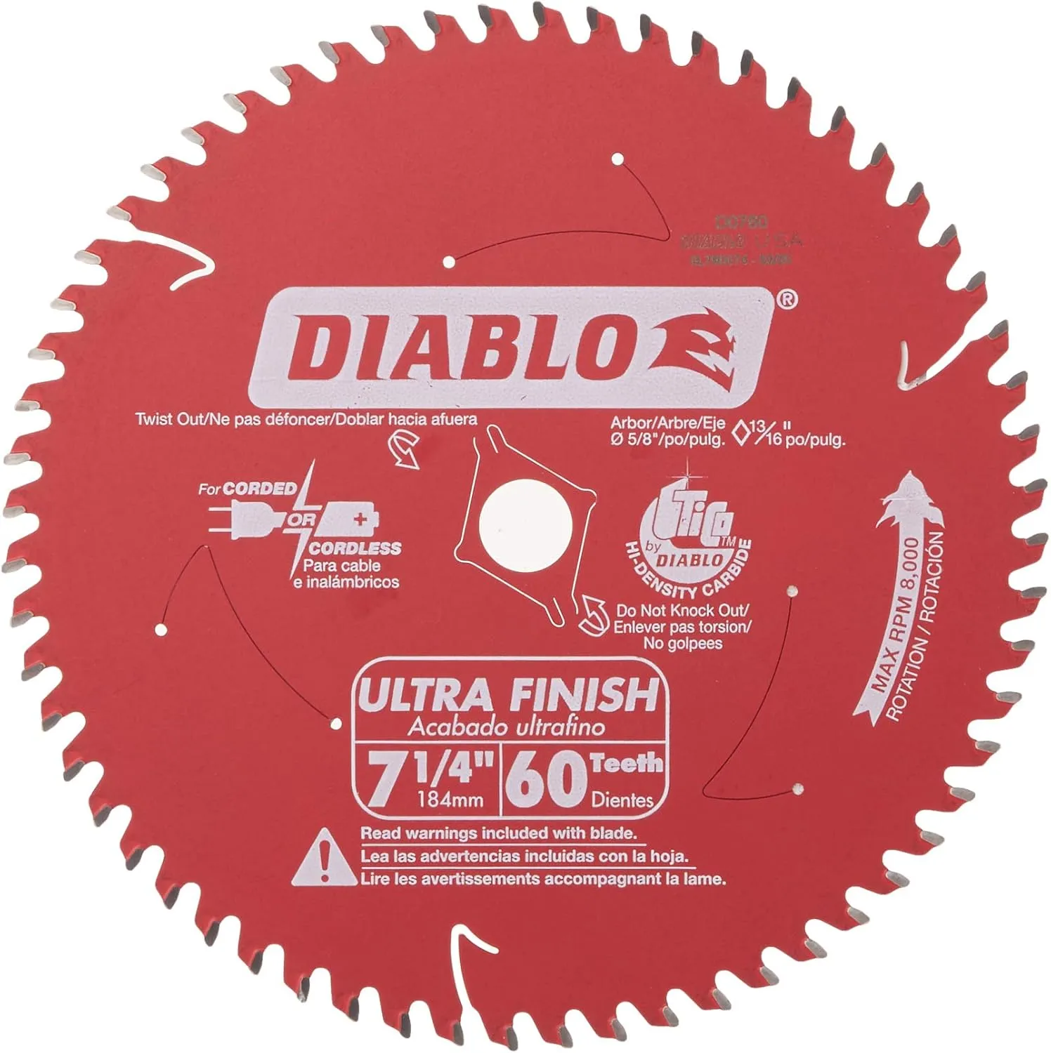 Diablo Ultra Finish Carbide Saw Blade for Wood - 7-1/4" Diameter, 60 ATB Teeth, 5/8" Arbor, .059" Kerf, 10