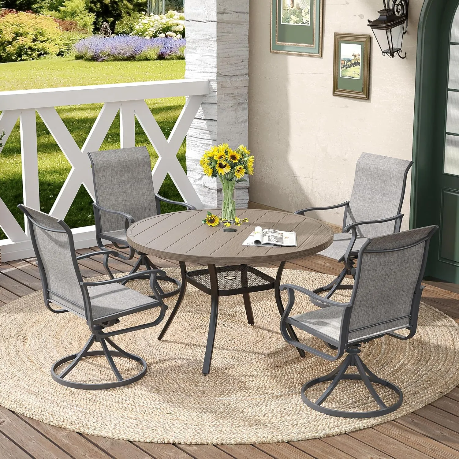 DIFY Outdoor Dining Table for 4, Round Patio Table with Umbrella Hole for Garden, Backyard and Porch (Grey)