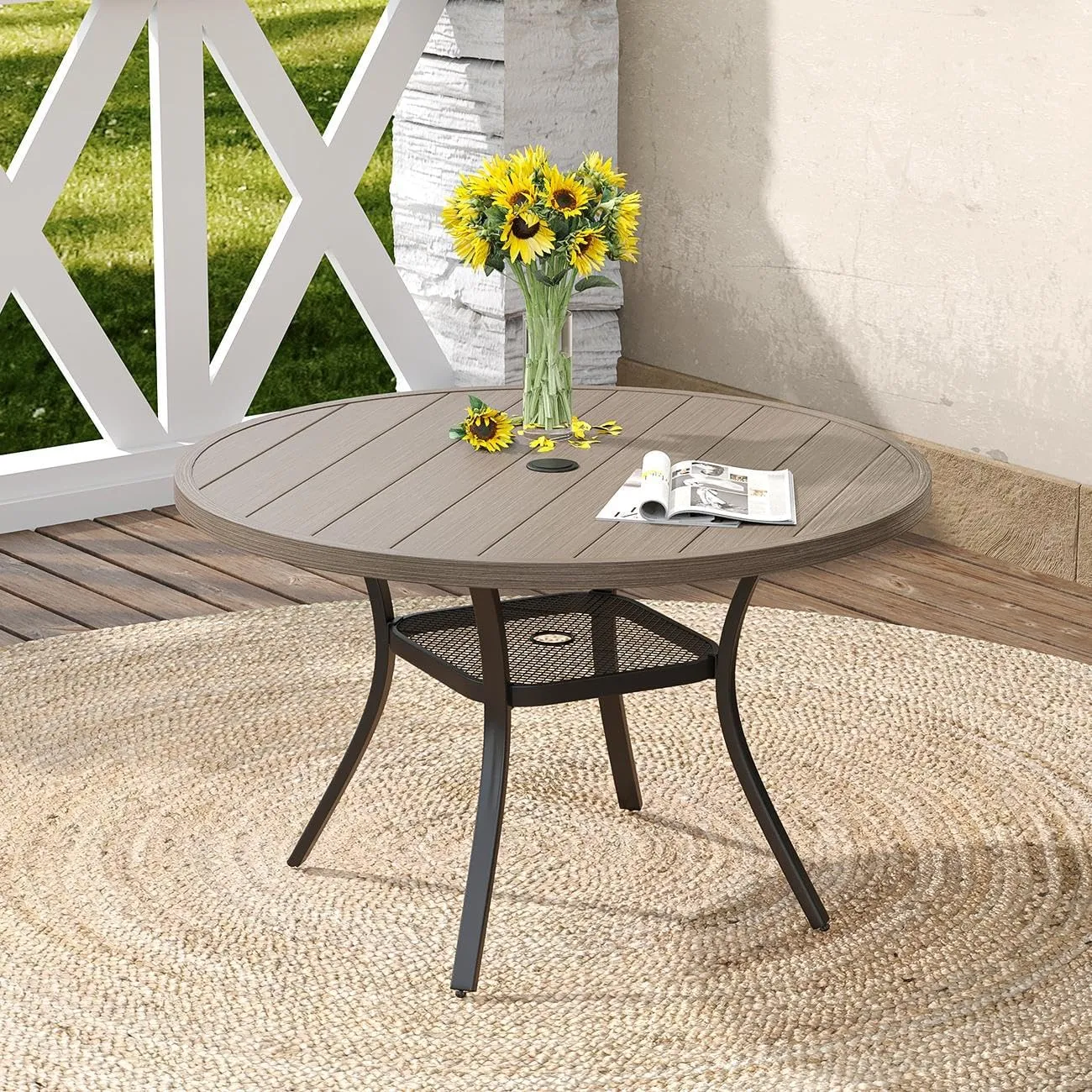 DIFY Outdoor Dining Table for 4, Round Patio Table with Umbrella Hole for Garden, Backyard and Porch (Grey)