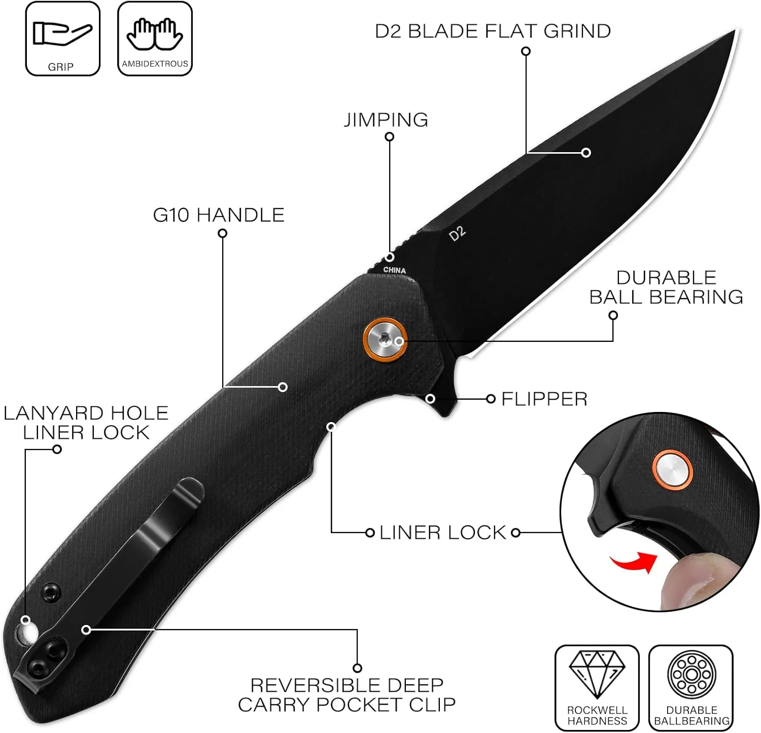 Dispatch Black Pocket Knife with Clip, 3.29" D2 Steel Drop Point Blade and G10 Handle, Front Flipper Pocket Knife for Men Women Hiking Hunting Survival Camping Folding Knives