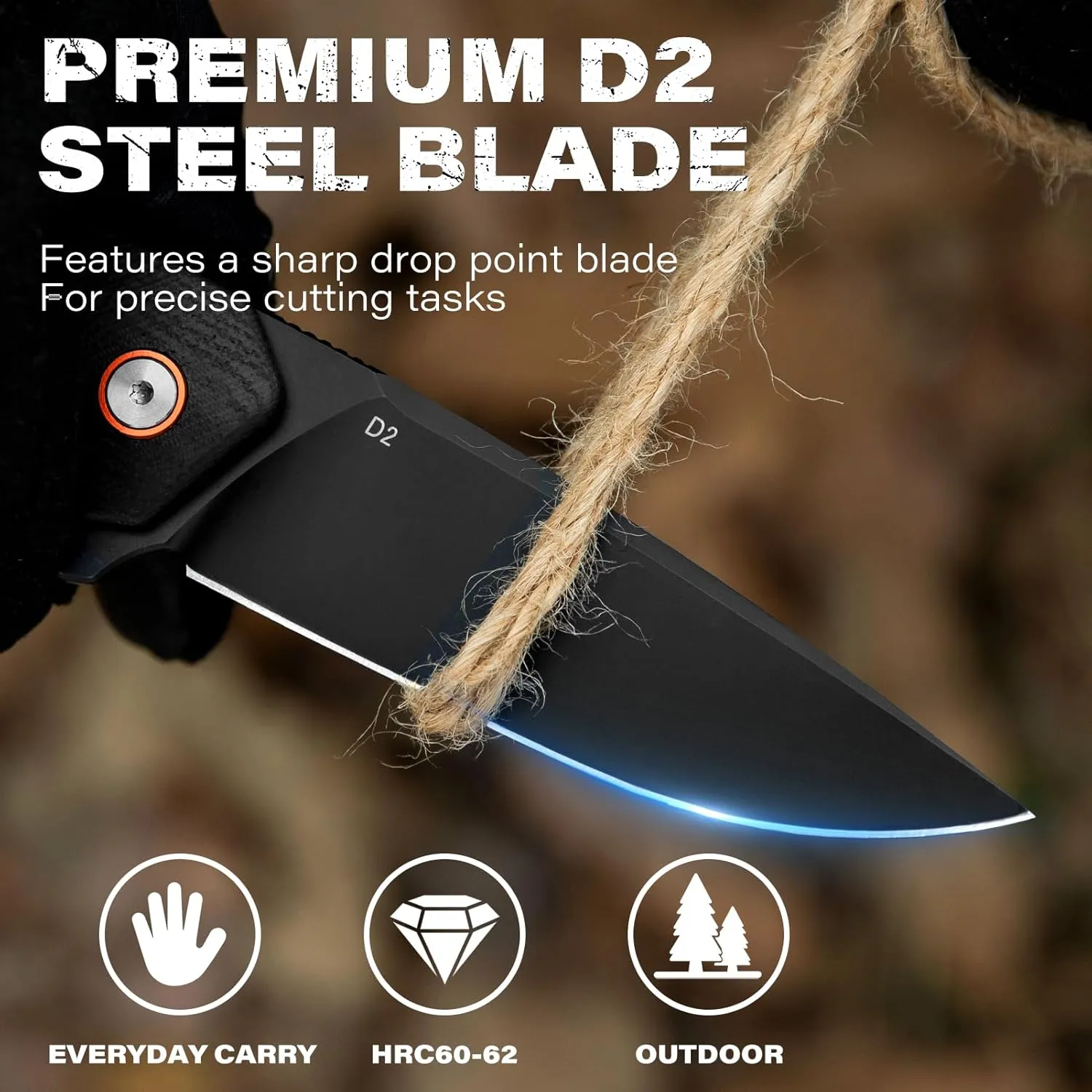 Dispatch Black Pocket Knife with Clip, 3.29" D2 Steel Drop Point Blade and G10 Handle, Front Flipper Pocket Knife for Men Women Hiking Hunting Survival Camping Folding Knives