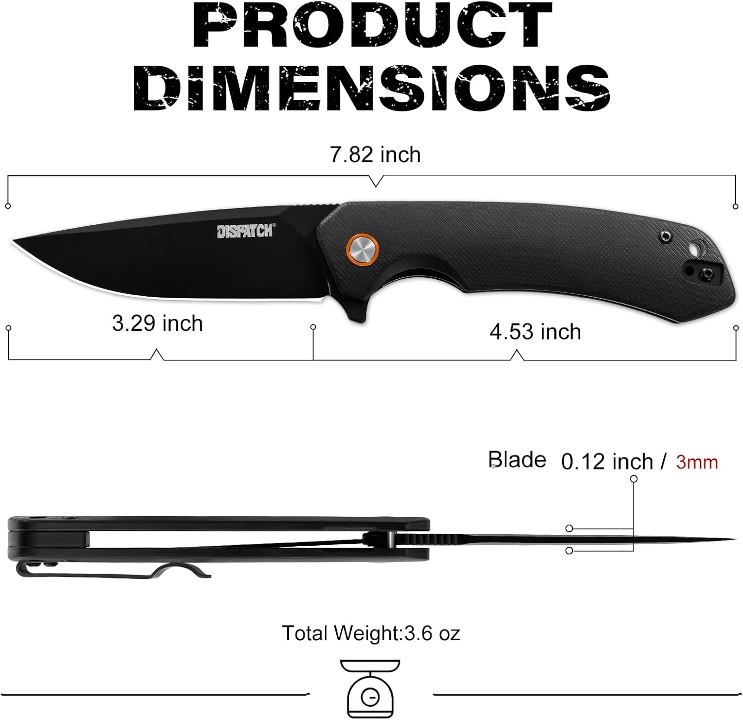 Dispatch Black Pocket Knife with Clip, 3.29" D2 Steel Drop Point Blade and G10 Handle, Front Flipper Pocket Knife for Men Women Hiking Hunting Survival Camping Folding Knives