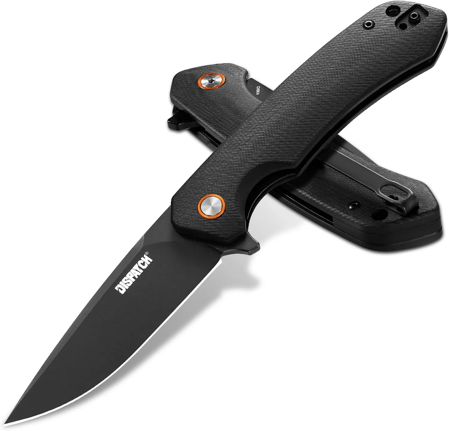 Dispatch Black Pocket Knife with Clip, 3.29" D2 Steel Drop Point Blade and G10 Handle, Front Flipper Pocket Knife for Men Women Hiking Hunting Survival Camping Folding Knives