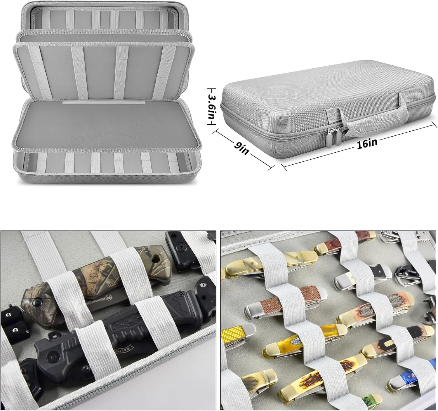 Display Case for 66  Pocket Knives. Folding Holder, Butterfly Storage Organizer, Knives Roll Collection Pouch Carrier Bag for Survival Tactical Outdoor for EDC Mini -Grey