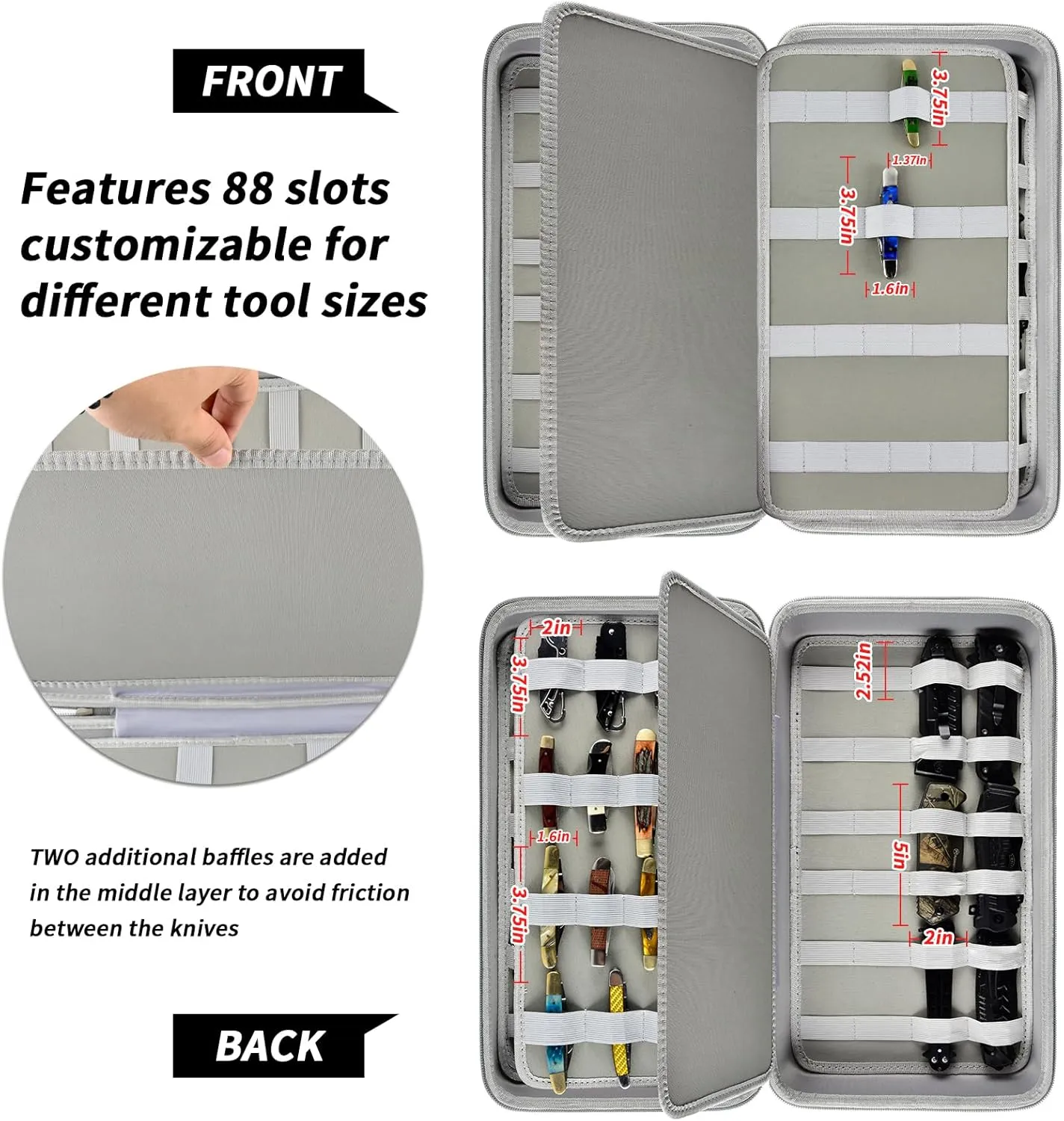 Display Case for 66  Pocket Knives. Folding Holder, Butterfly Storage Organizer, Knives Roll Collection Pouch Carrier Bag for Survival Tactical Outdoor for EDC Mini -Grey