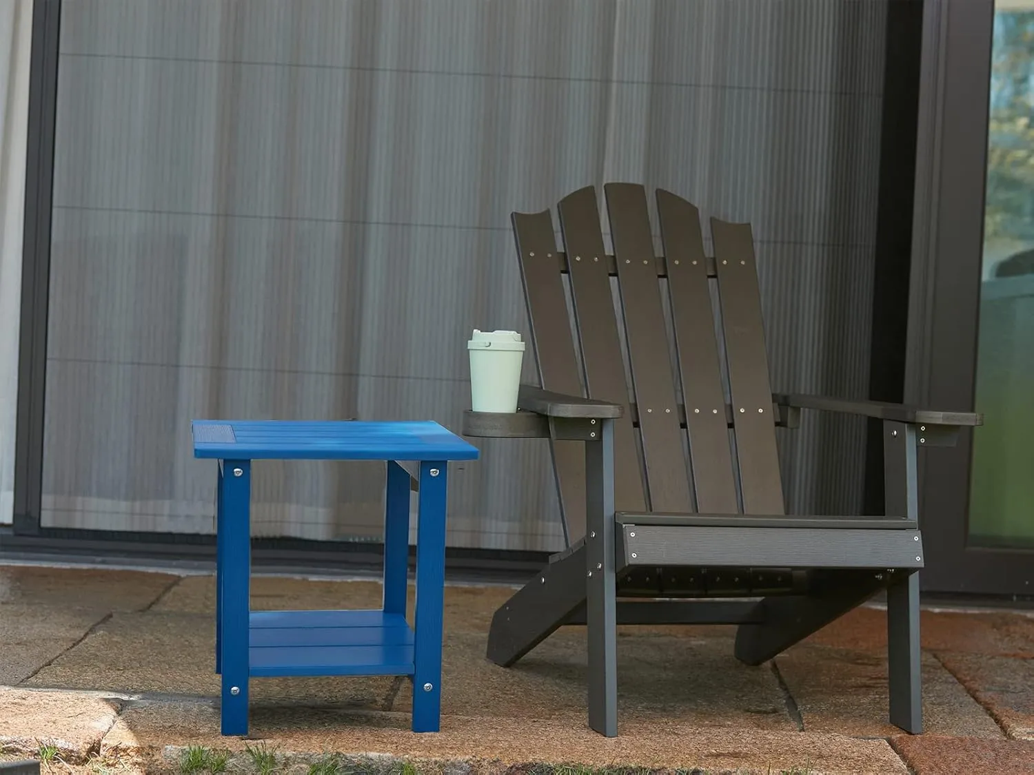 Double Adirondack Outdoor Side Table Weather Resistant, Outdoor Rectangular Patio End Table for Adirondack Chair, Dark Blue