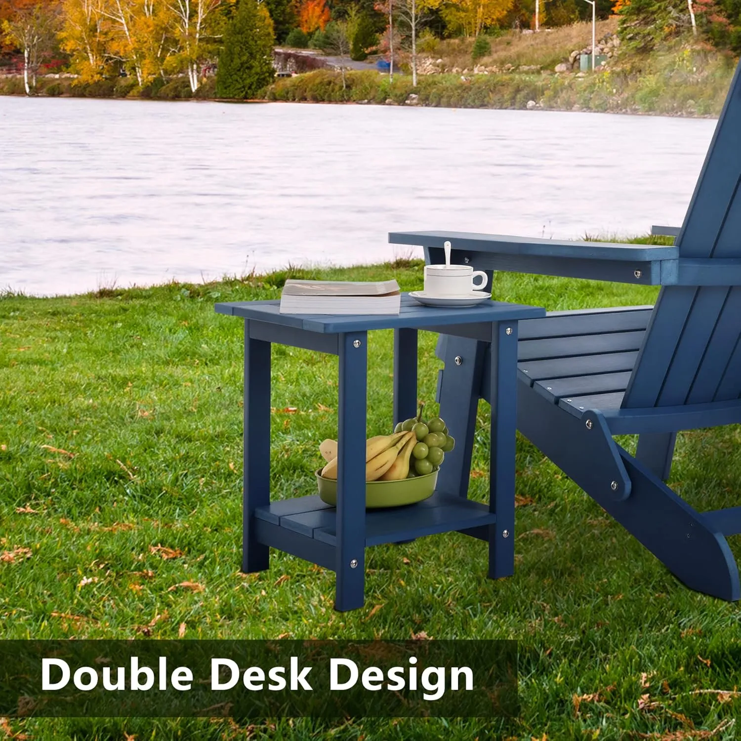 Double Adirondack Outdoor Side Table Weather Resistant, Outdoor Rectangular Patio End Table for Adirondack Chair, Dark Blue