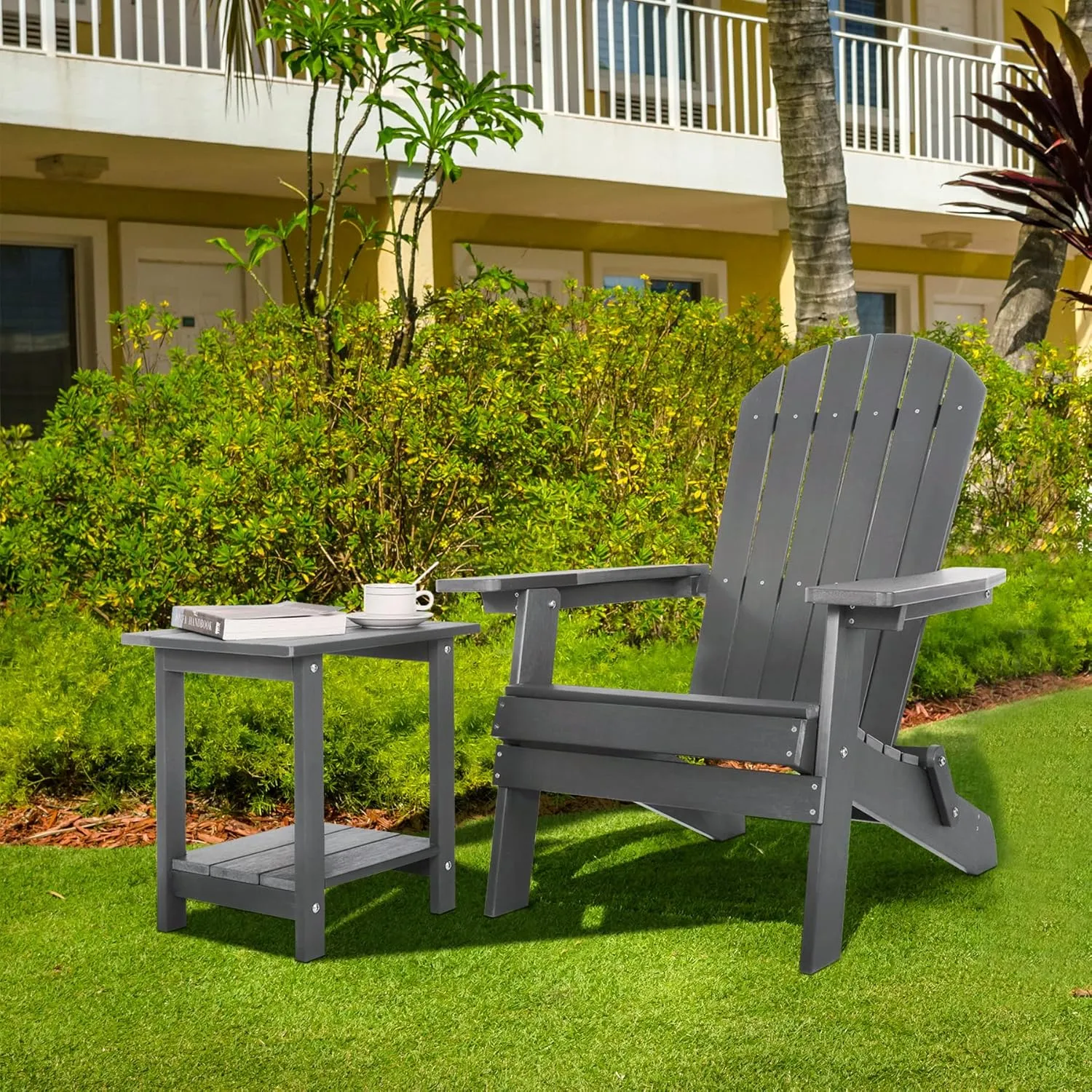 Double Adirondack Outdoor Side Table Weather Resistant, Outdoor Rectangular Patio End Table for Adirondack Chair, Grey