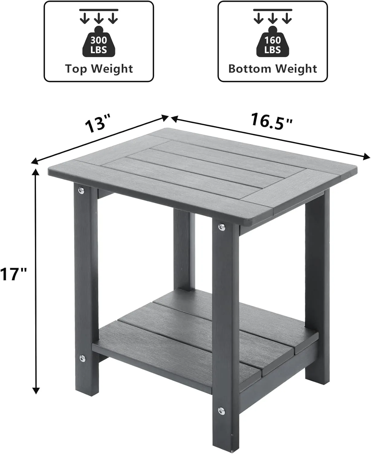 Double Adirondack Outdoor Side Table Weather Resistant, Outdoor Rectangular Patio End Table for Adirondack Chair, Grey
